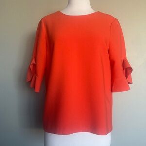 Suncoo Paris Coral Orange Open Back Cocktail Flounce Sleeve Top Blouse T-shirt